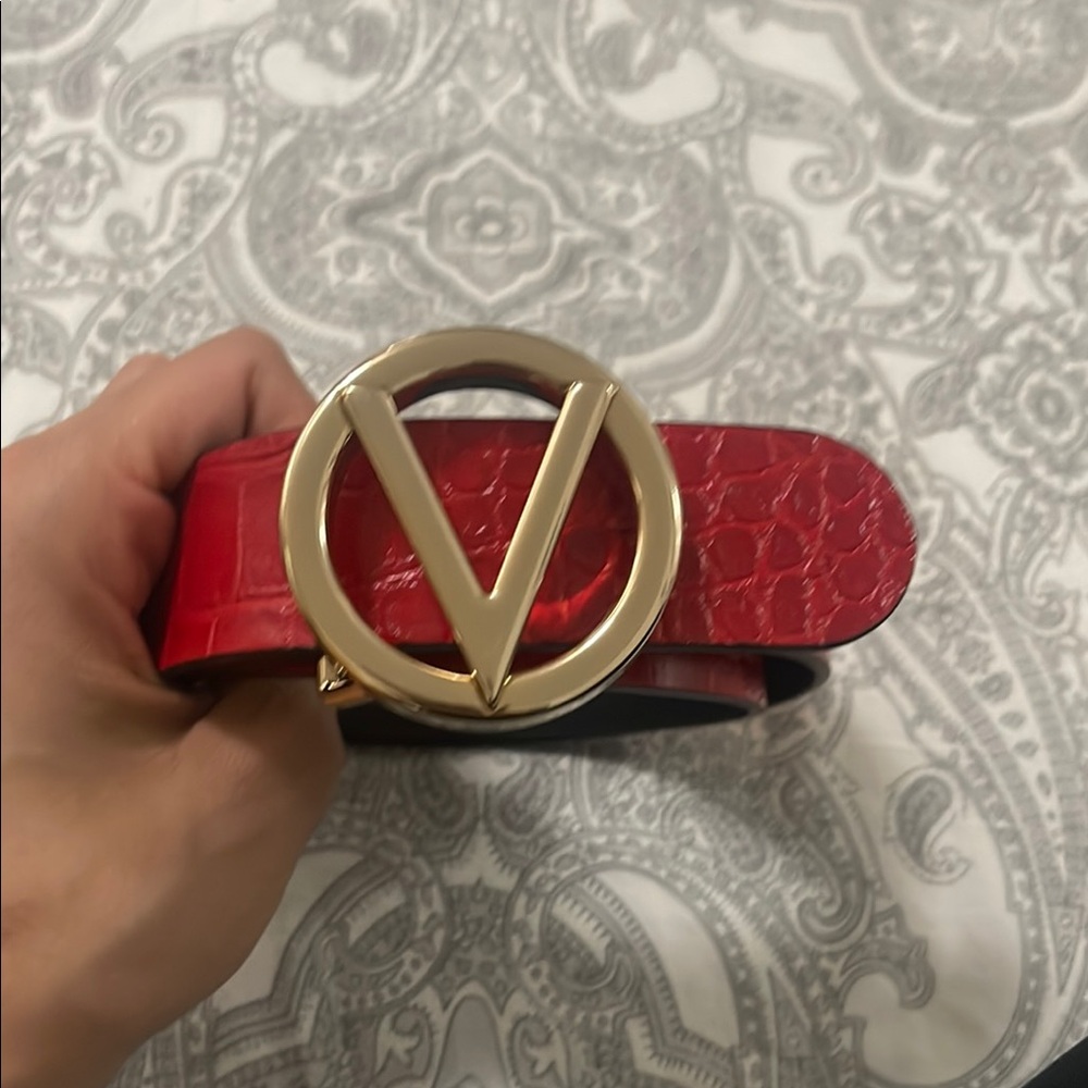 Red Croc-Embossed Belt with Gold Buckle